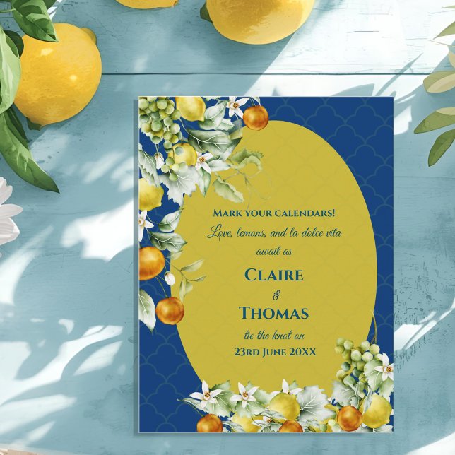 La Dolce Vita Blue Lemon Mediterranean Wedding Meddelande Vykort (La Dolce Vita Blue Lemon Mediterranean Wedding Announcement Postcard)