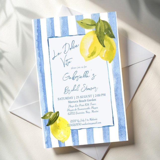 La Dolce Vita blue rand lemons möhippa Inbjudningar (La Dolce Vita jandrawn blue stripes lemons retro Italian bridal shower Invitation cards template)