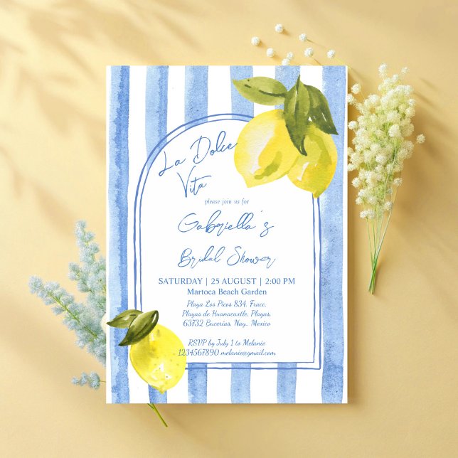 La Dolce Vita blue rand lemons möhippa Inbjudningar (La Dolce Vita blue stripes lemons Italian bridal shower Invitation cards template)