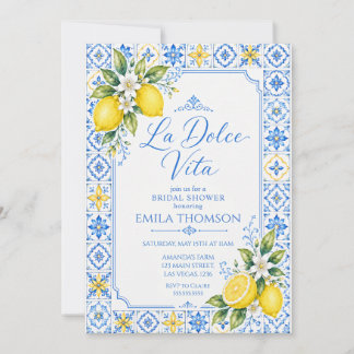La Dolce Vita Citron & Blå Kakel Bröllopsfestin Inbjudningar