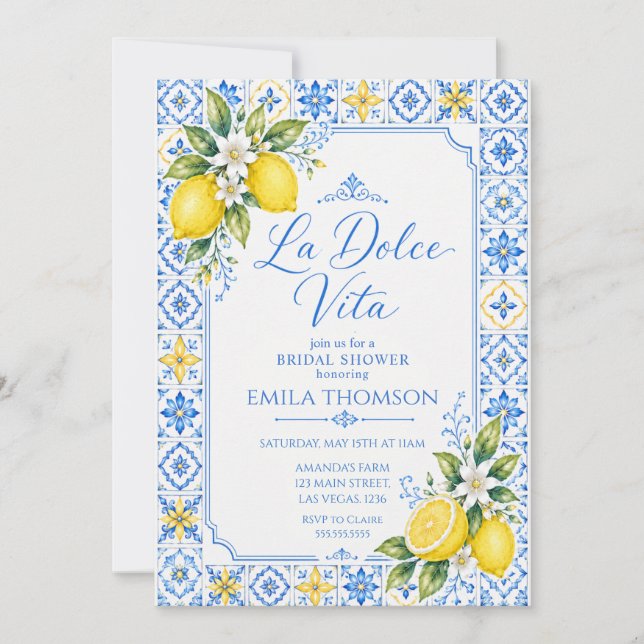La Dolce Vita Citron & Blå Kakel Bröllopsfestin Inbjudningar (Framsida)