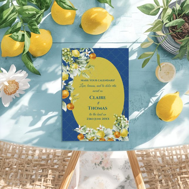 La Dolce Vita Citron Blå Medelhavet Bröllop Spara Datumet (La Dolce Vita Lemon Blue Mediterranean Wedding Save The Date)