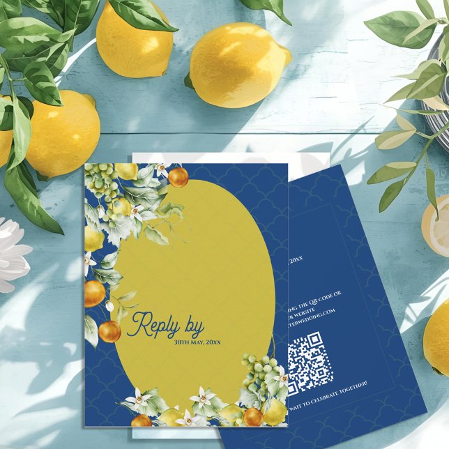 La Dolce Vita Citrus Blue Gold QR-kod Bröllop OSA Kort (La Dolce Vita Citrus Blue Gold QR Code Wedding RSVP Card)