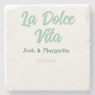 La Dolce Vita grön blå pastell namn datum bröllop Stenunderlägg