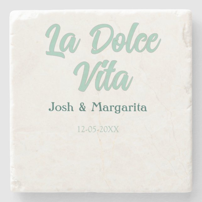 La Dolce Vita grön blå pastell namn datum bröllop  Stenunderlägg (Framsidan)