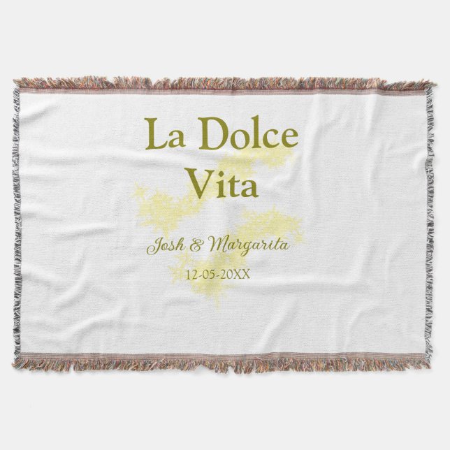La Dolce Vita gul bröllopspar Namn datum glitter Filt (Framsidan)