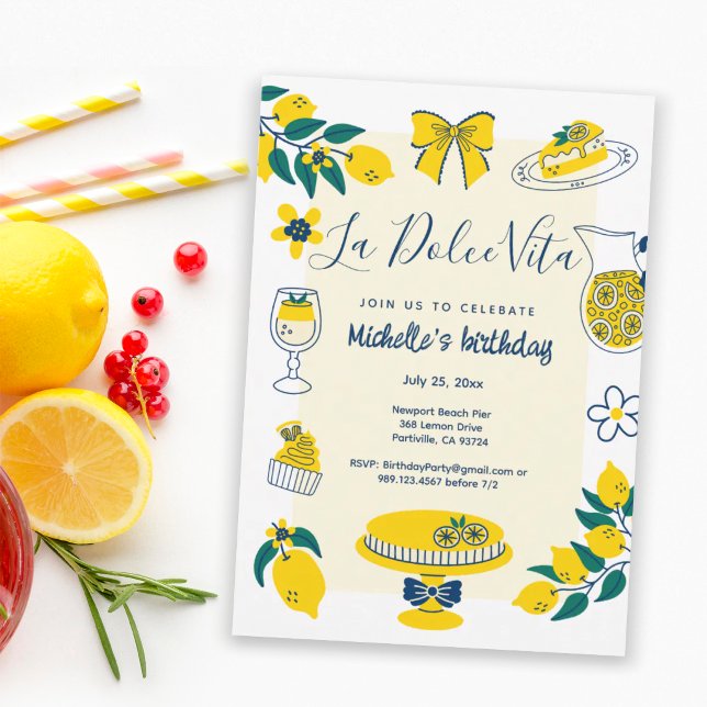 La Dolce Vita Gula Citron Doodles Födelsedagsfest Inbjudningar (Skapare uppladdad)