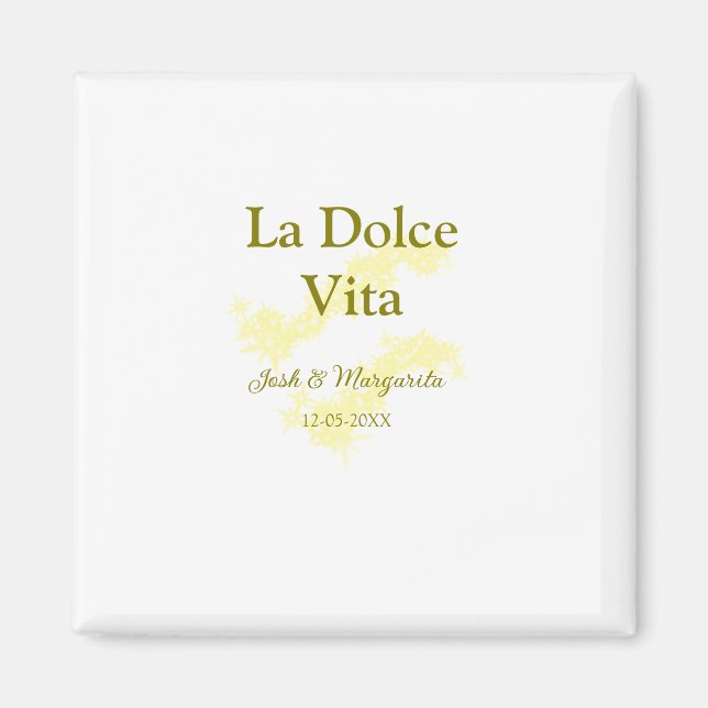La Dolce Vita gult bröllop par Namn date glit Magnet (Framsidan)