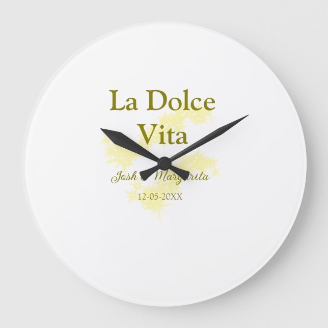 La Dolce Vita gult bröllop par Namn date glit Stor Klocka (Framsida)