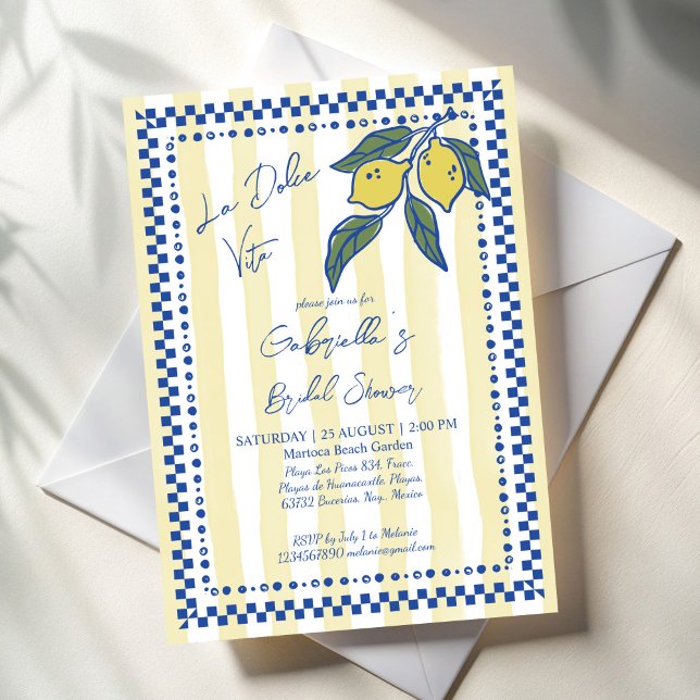 La Dolce Vita gult rand lemons möhippa Inbjudningar (La Dolce Vita retro yellow stripes hand drawn lemons Italian bridal shower Invitation cards template)