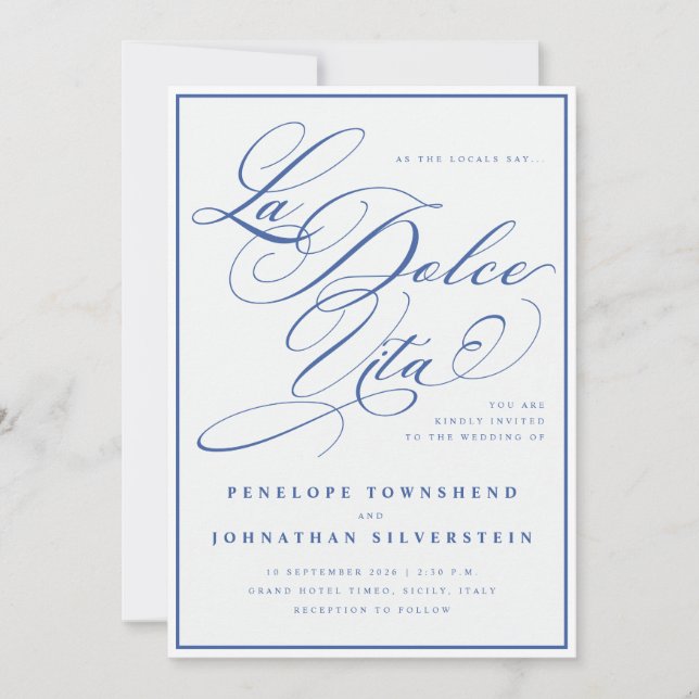 La Dolce Vita Kalligrafi Blå Vit Bröllop Inbjudningar (Framsida)