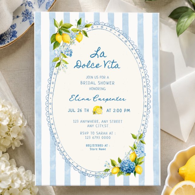 La dolce vita lemon blå hortensia bröllopsdusch  inbjudningar (Skapare uppladdad)