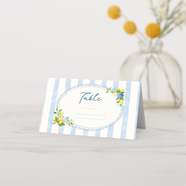 La dolce vita lemon blå hortensia bröllopsdusch  placeringskort (Framsida)