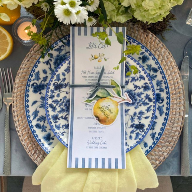La Dolce Vita Lemon Blommigt Bröllop Flat Menu Meny (Elevate your wedding table with this lemon-themed menu, featuring watercolor artwork.)