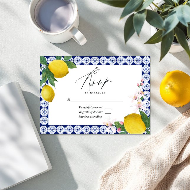 "La Dolce Vita" Lemon Tile Italienska Bröllop OSA Kort ("La Dolce Vita" Lemon Tile Italian Wedding RSVP Card)