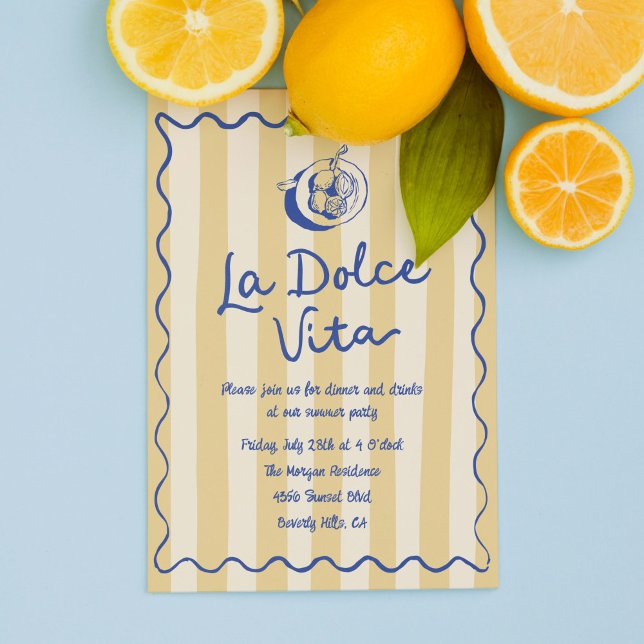 La Dolce Vita Lemons Italienska sommaren Party Inbjudningar (La Dolce Vita party invitation template with yellow stripes and hand drawn doodles)