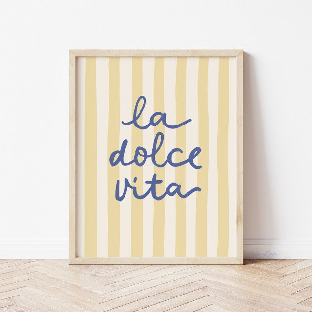 La Dolce Vita Mediterranean Italiana Positano Poster (La Dolce Vita print in yellow and blue with doodle script)