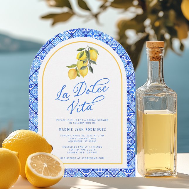 La Dolce Vita Mediterranean Möhippa Inbjudningar (Shown on a 5" x 7" invitation with Arch Corner Style)