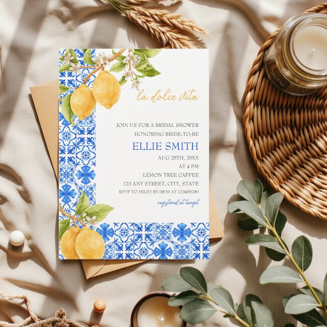 La Dolce Vita | Möhippan för Medelhavspartnerskape Inbjudningar (La dolce Vita Bridal Shower Mediterranean Tiles Lemons Blue White and Yellow)