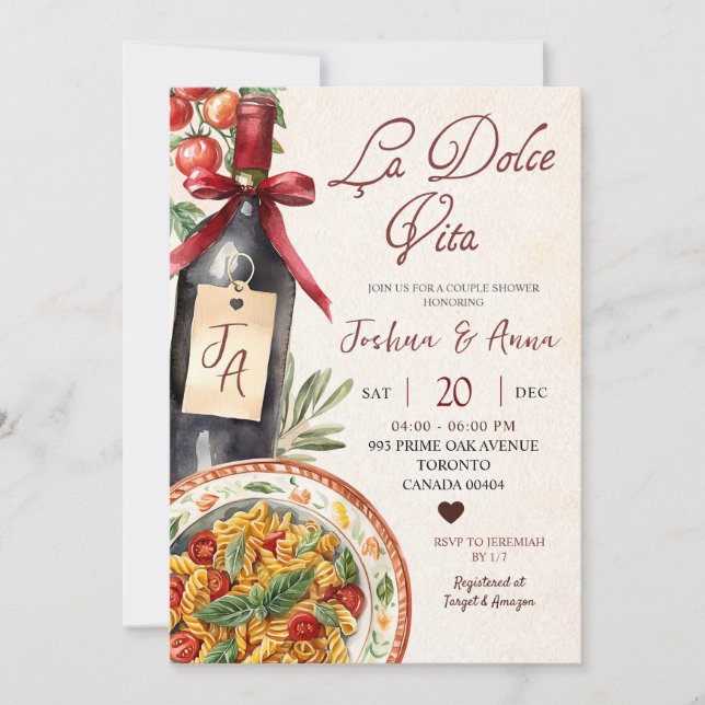 La Dolce Vita Pasta och vin Bröllopsdusch Inbjudningar (Framsida)