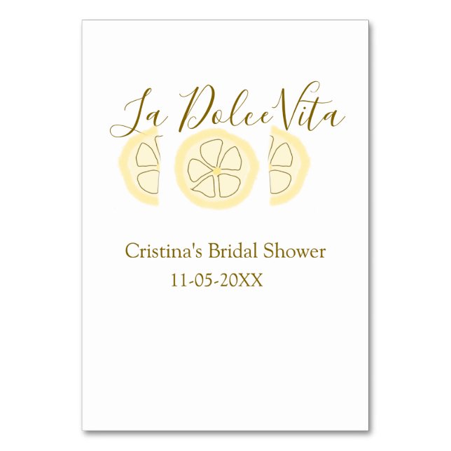 La Dolce Vita yellow lemon bridal shower pastel bo Bordsnummer (Framsidan)