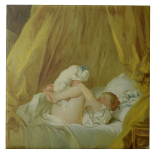 "La Gimblette", flicka med en hund, c.1770 (olja Kakelplatta