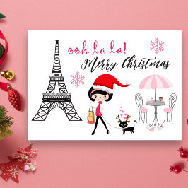 La Girl och Cat Paris Eiffel Torn jul Helgkort