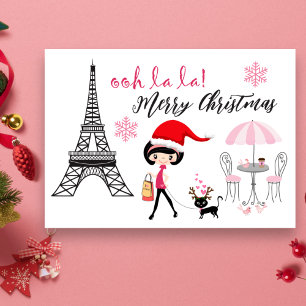 La Girl och Cat Paris Eiffel Torn jul Helgkort