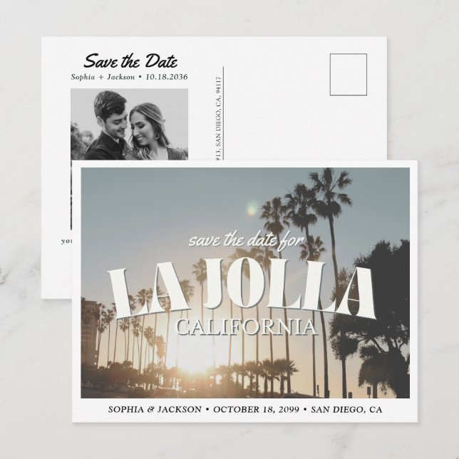 La Jolla Bröllop Spara datum Palmträd Retro Vykort (Fram/baksida)