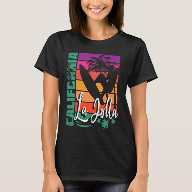 La Jolla California Retro Sunset Beach Surfer Souv T Shirt (Framsida)