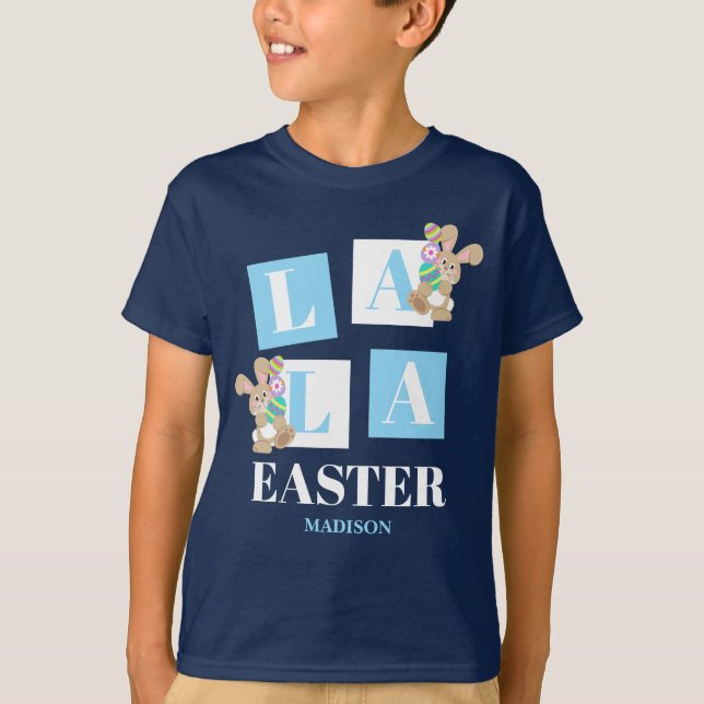 La La Easter Cute Bunny Navy Blue Boys T Shirt (Framsida)