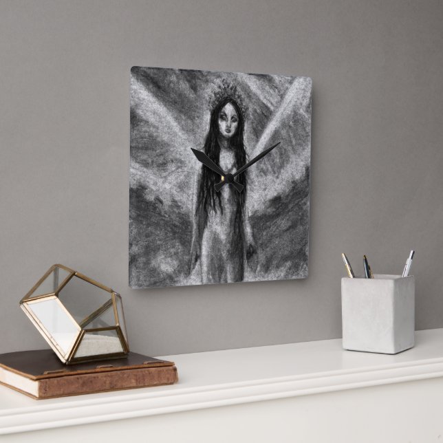 La Luna Mörk Ängla Fe Féminint Goth Fantasy Konst Fyrkantig Klocka (Kontor)