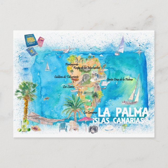 La Palma Illustrated Travel Karta med vägar Vykort (Framsida)