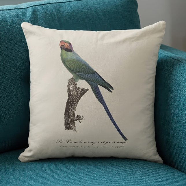 La Perruche med röd nacke och röda kinder  Kudde (Long-Tailed Parakeet, Psittacula Longicauda. Throw Pillow)