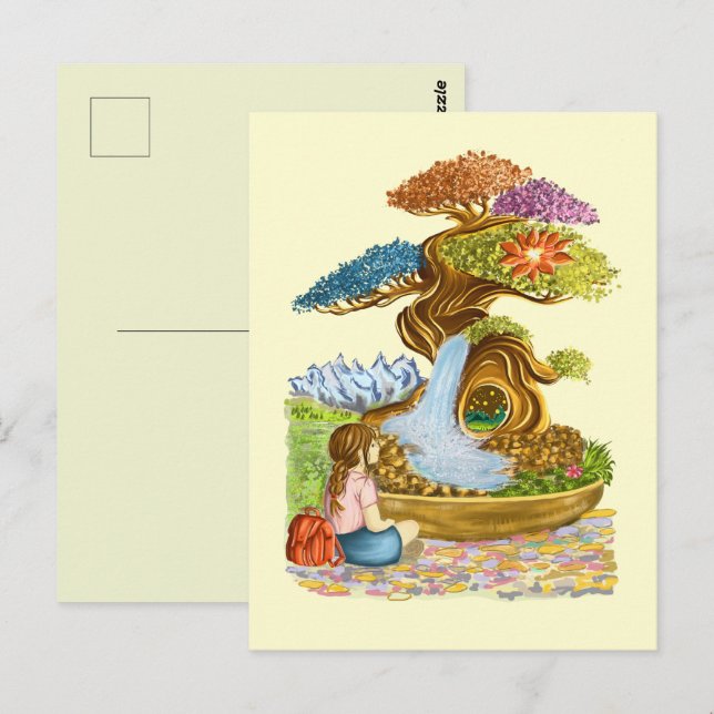 La petite fille et son Bonzaï géant. Vykort (Fram/baksida)