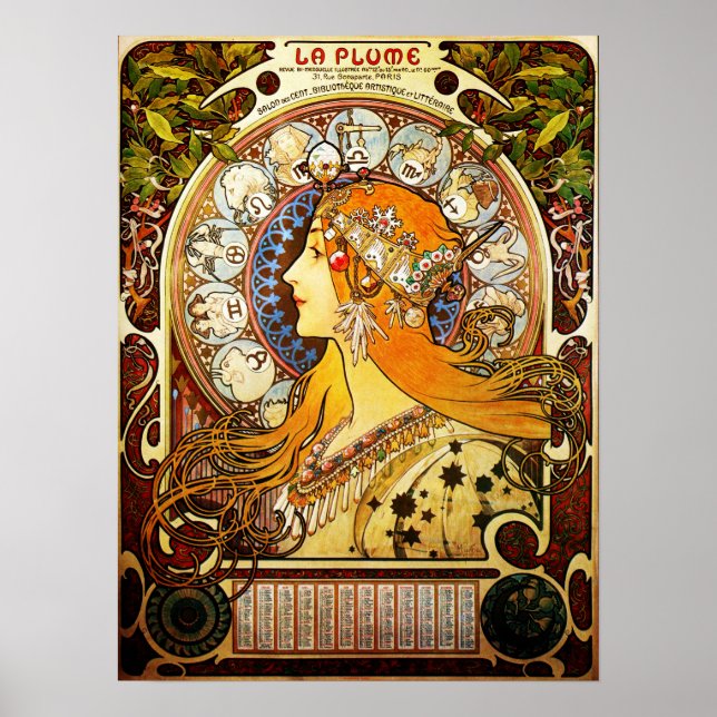 LA PLUME ZODIAC av Alphonse Mucha Art nouveau Poster (Framsidan)