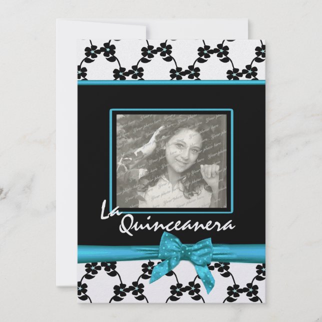 La Quinceanera Flowers och Ribbon Blue Inbjudningar (Framsida)