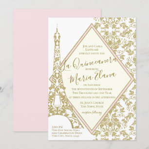 La Quinceanera  och Guld Damask Eiffel Torn Inbjudningar
