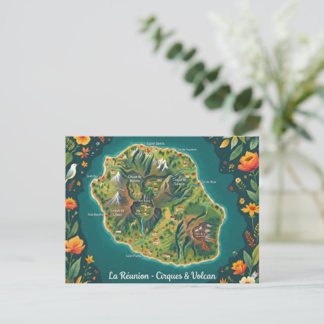 La Réunion – Cirques & Volcan | Carte illustrée Vykort (Stående Fram)