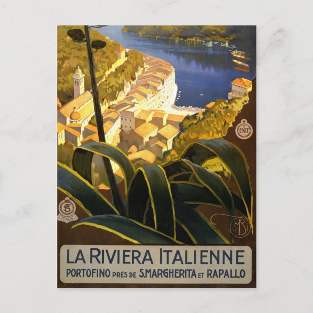 La Riviera Italienne Portofino Travel Poster 1920 Vykort (Framsida)