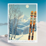 La Rosière France ski resort retro Postcard Vykort<br><div class="desc">Bonjour from the snowy mountains of La Rosière,  Haute-Savoie,  France,  in Europe! We hope you're having a wonderful ski vacation. This postcard features a gorgeous blue-grey mountain landscape with retro ski boards in an orange tribal pattern.
All the text phrases can be customized to suit you!</div>