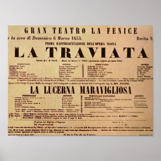 La Traviata Världspremiäraffisch (1853) Poster (Framsidan)