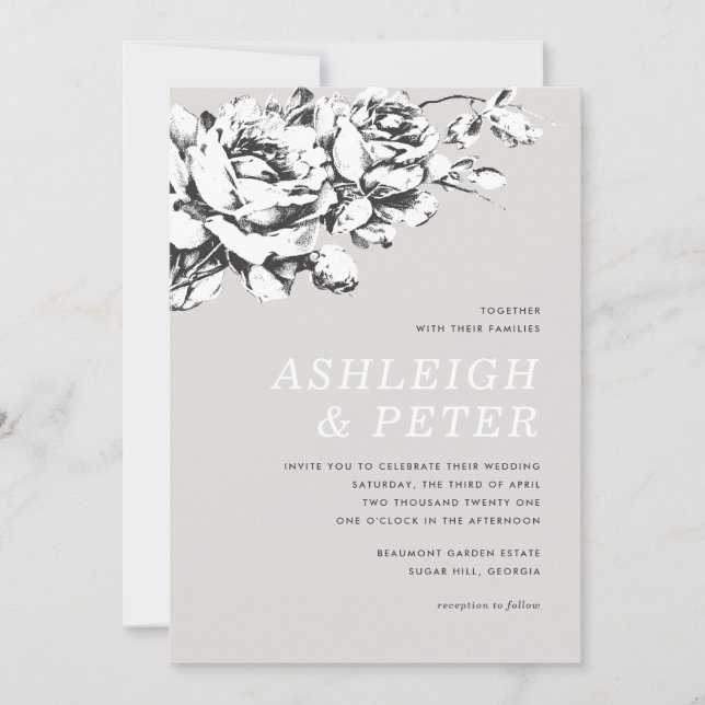 La Vie en Rose Blommig Bröllopsinbjudan - Grå Meddelande (Framsida)