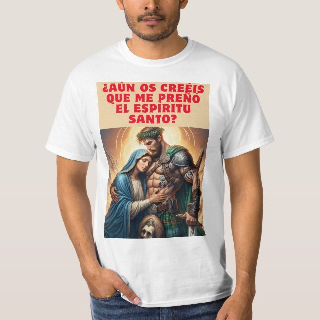 La Virgen María y el Guerrero: Un Encuentro Humorí T Shirt (Framsida)