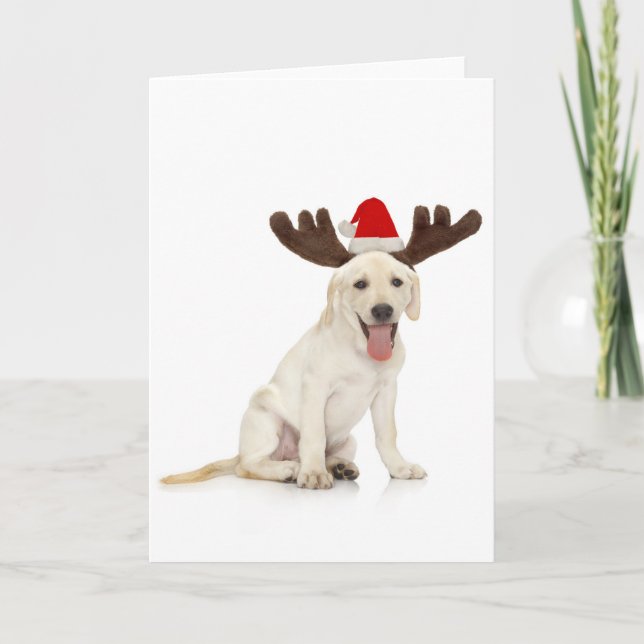 Lab Puppy Wearing Antlers Helgkort (Framsida)