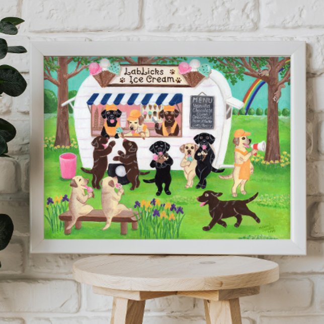 Lab Slickar Ice Cream Labradors Poster (Lab Licks Ice Cream Shop Poster for Labrador Owners.  Whimsical Labrador Art Print.)