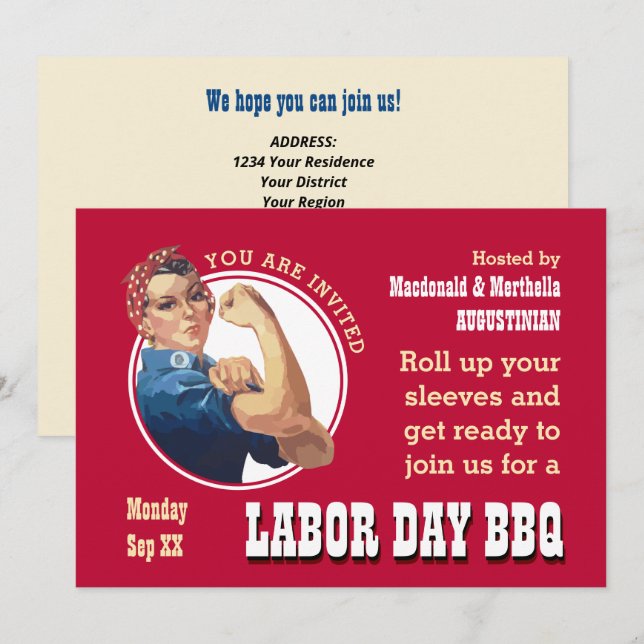 LABOR DAY BBQ Rosie Riveter Inbjudningar (Fram/baksida)