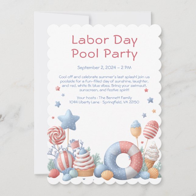 Labor Day-poolparty inbjudan Röd Vit och Blå (Framsida)