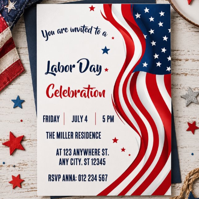 Labor Day Röd Vit Blå Amerikansk Flaggfest  Inbjudningar (Skapare uppladdad)