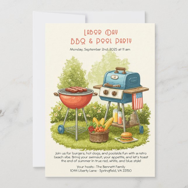 Labor Day Vintage BBQ & Pool Party Inbjudan  (Framsida)
